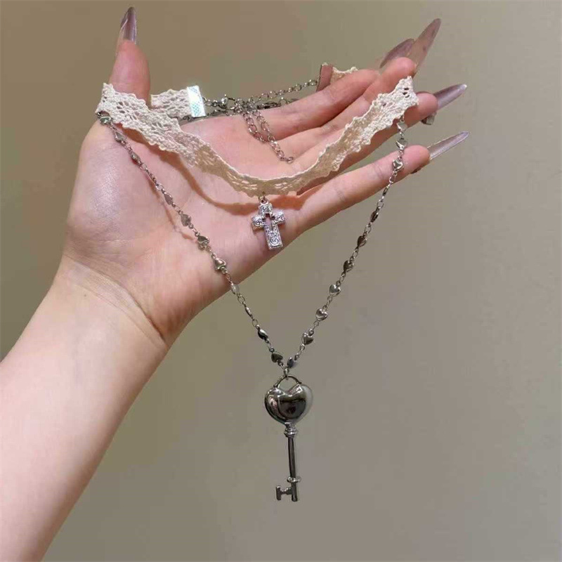 Sweet and Cool White Lace Cross Strap Choker Stacked Heart Key Necklace Women's Niche Design Necklace