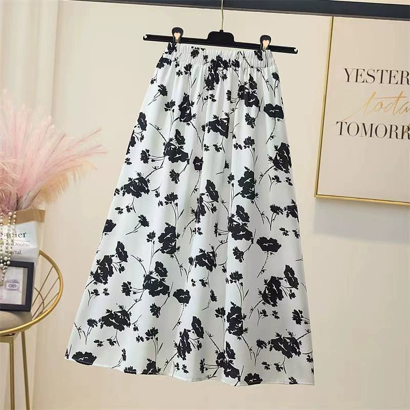 Модная миди-юбка с белой надписью и цветочным принтом для женщин, лето 2025, универсальная длинная юбка