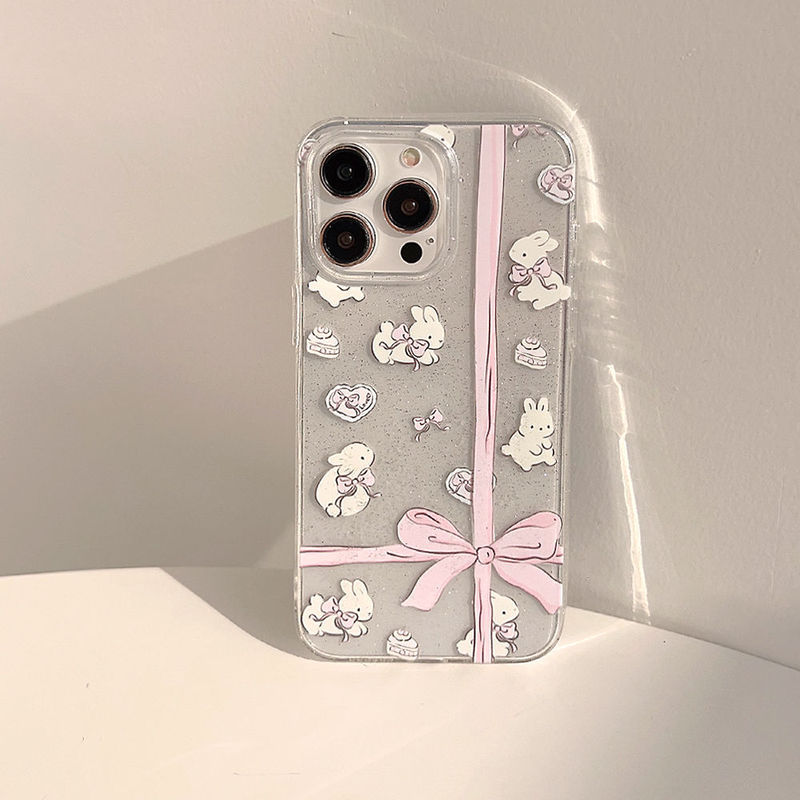 Pink Bow Rabbit for Apple 16pro Soft Case 15 Phone Case 13 14 Transparent 15pro Glitter 11