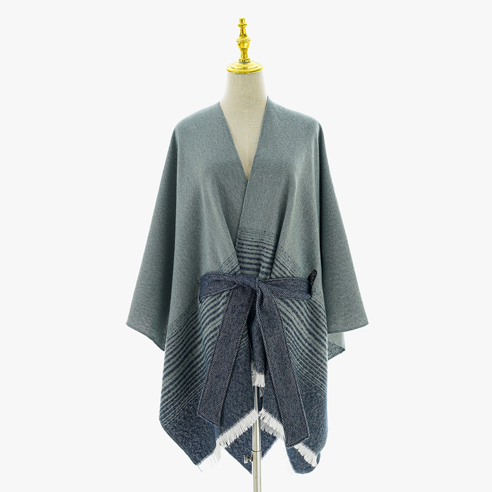 Chal nuevo estilo de nicho simple con chal grueso para mujer, capa de verano de alta calidad, cinturón, chal a rayas de doble cara