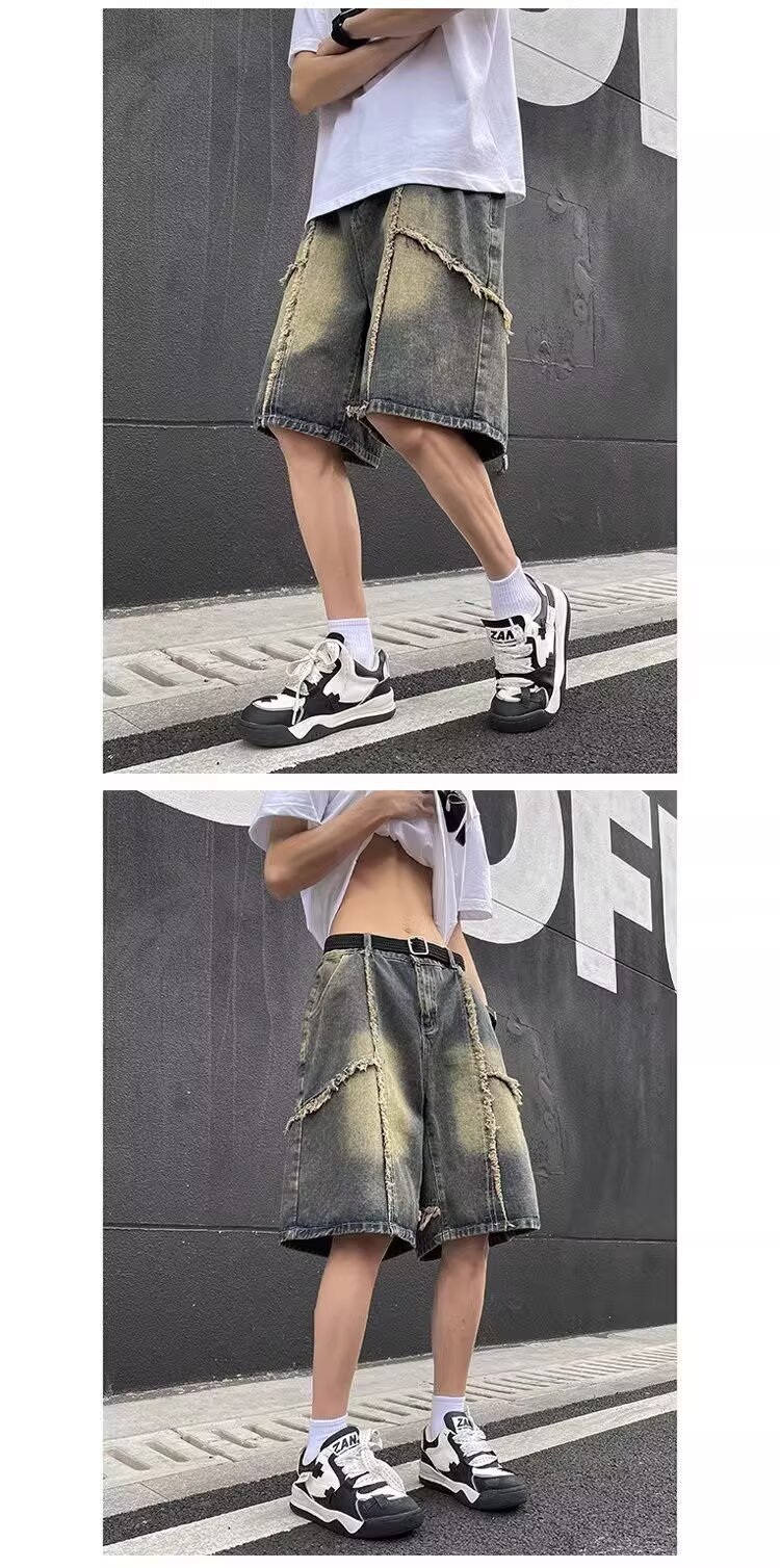 Men's Retro Style Distressed Denim Shorts Frayed Wash Loose Fit Five Point Summer American Style Pants_mkmklike.com