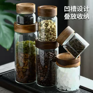 跨境专供相思木盖收纳储物罐厨房五谷杂粮收纳罐咖啡豆玻璃罐