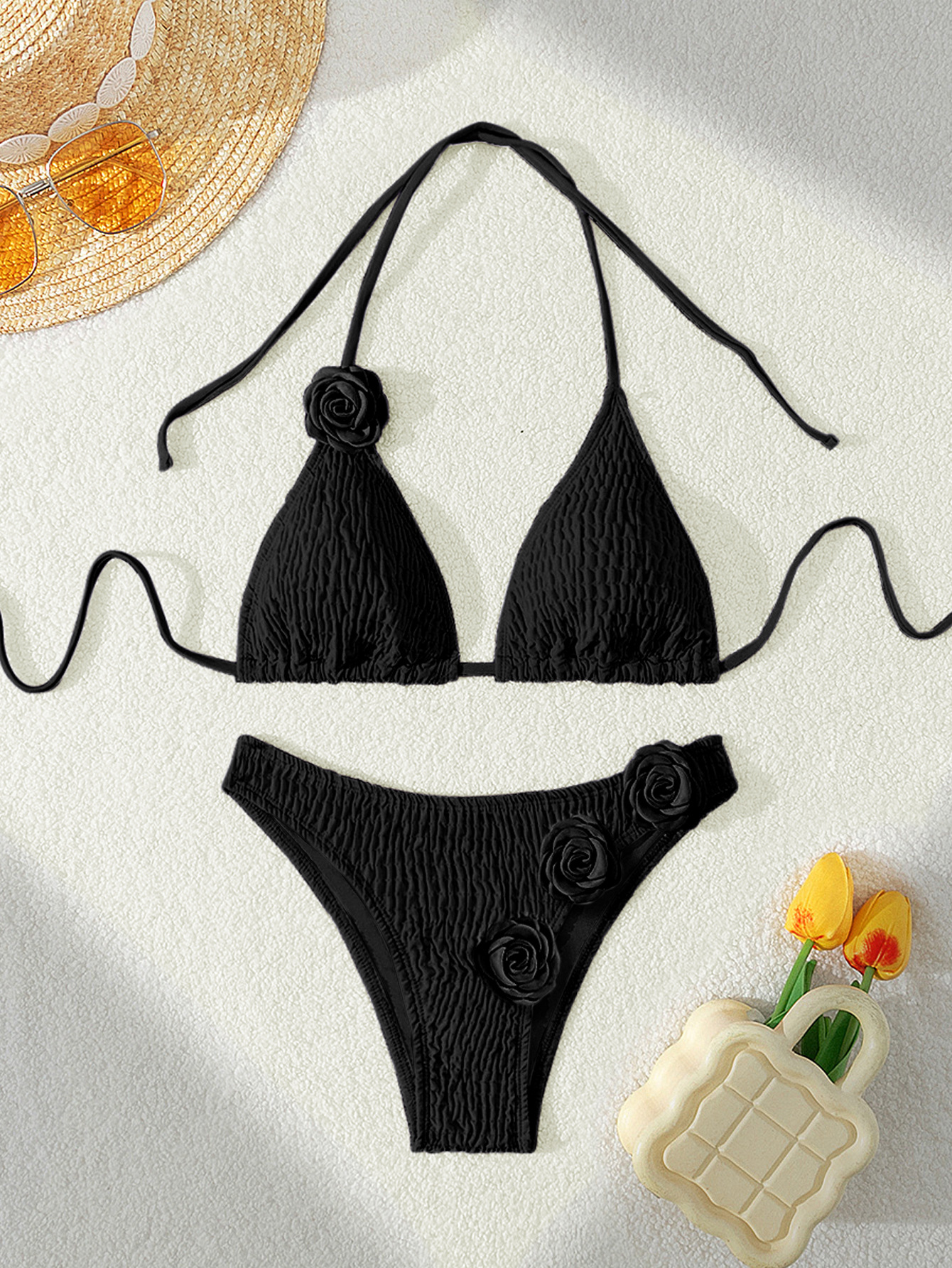 Hot sale transfronterizo amazon correa sexy trajes de baño 3D flor tridimensional bikini mujer surf trajes de playa