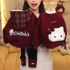 女童宝宝kt猫卫衣打底裤套装中小童秋冬新款格纹拼接连帽两件套潮