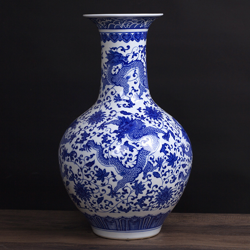 青花龍紋大花瓶景徳鎮陶磁器着地大磁器中国式家具客間玄関工芸品|undefined