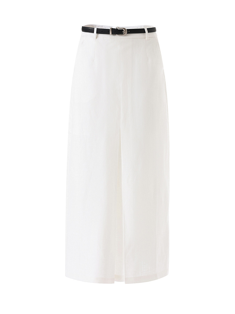 Chân váy xếp ly nữ cạp trung thấp, chất liệu tencel linen phối sọc răng cưa, xẻ tà — Xanh lông mòng đen
