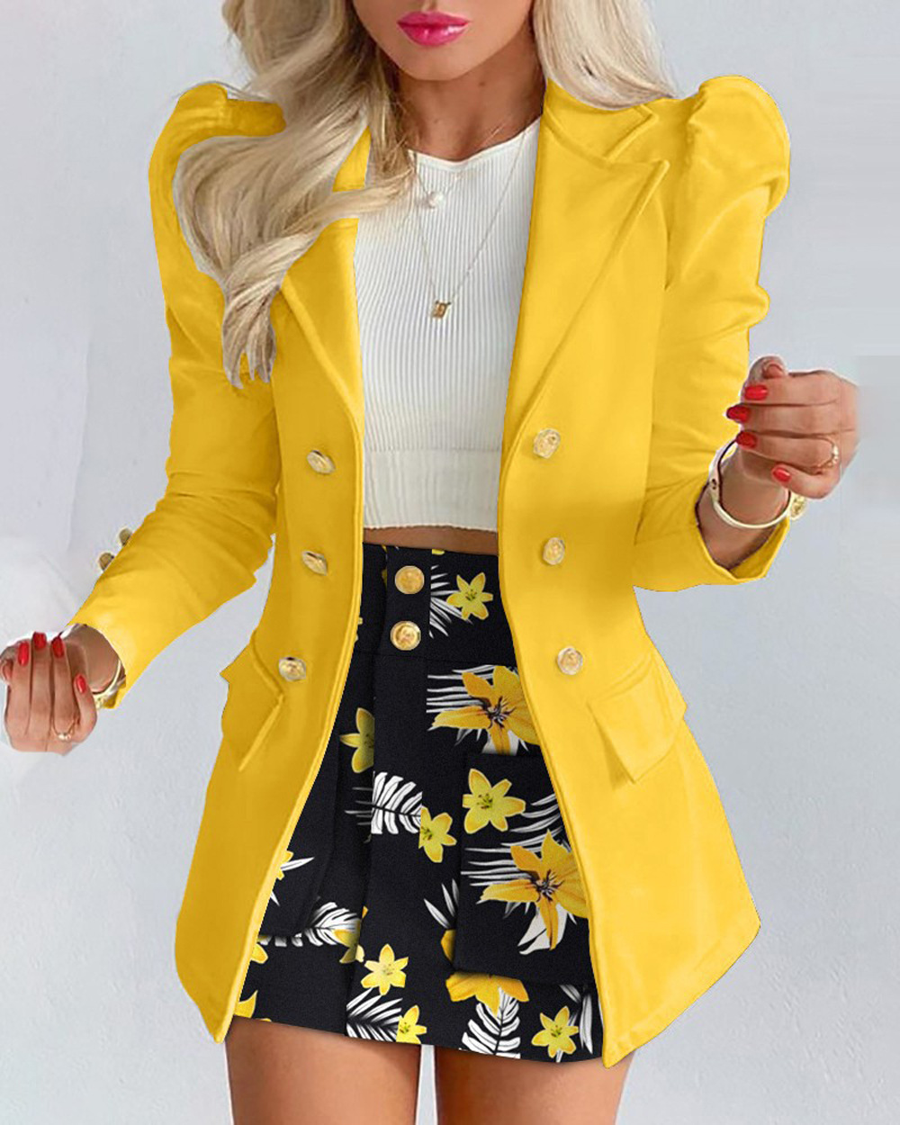 Conjunto de blazer y falda con estampado floral para mujer_voghion.com