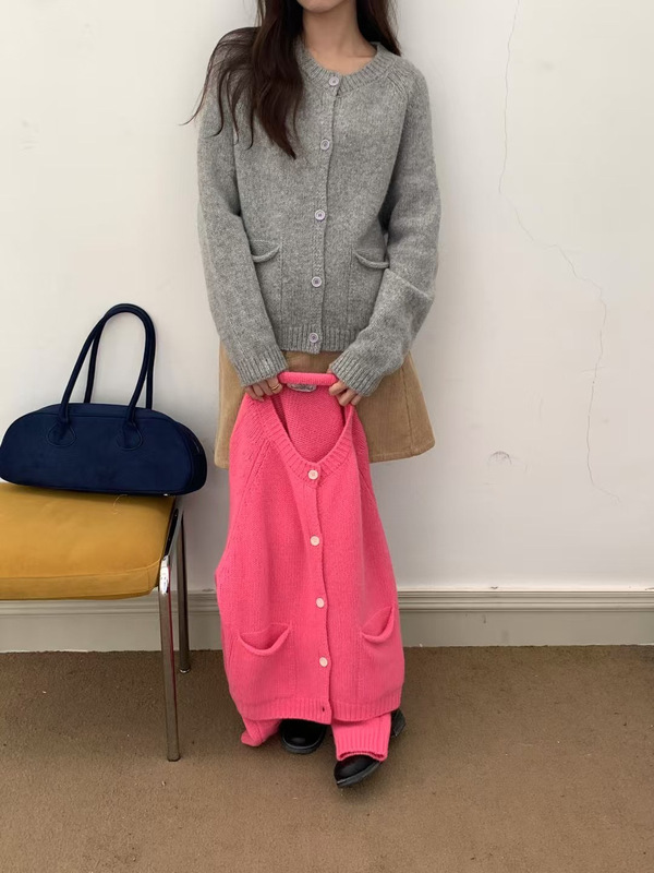 毛衣宽松慵懒女圆领纯色百搭宽松韩系卷边口袋毛衣针织开衫A7024|undefined