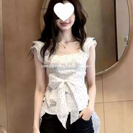 法式复古波点拼接蝴蝶结荷叶边方领无袖衬衫女2026夏季新款上衣潮