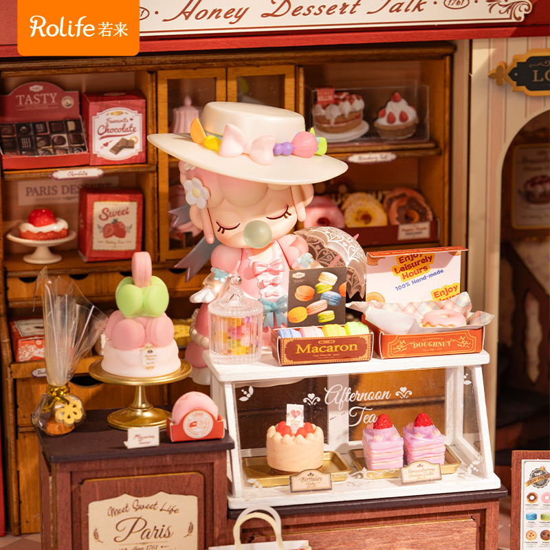 Rolife Tienda de postres Ruolai Cabaña de bricolaje Casa pequeña de madera hecha a mano Puzzle Modelo de ensamblaje Bloques de construcción Juguetes Mujer