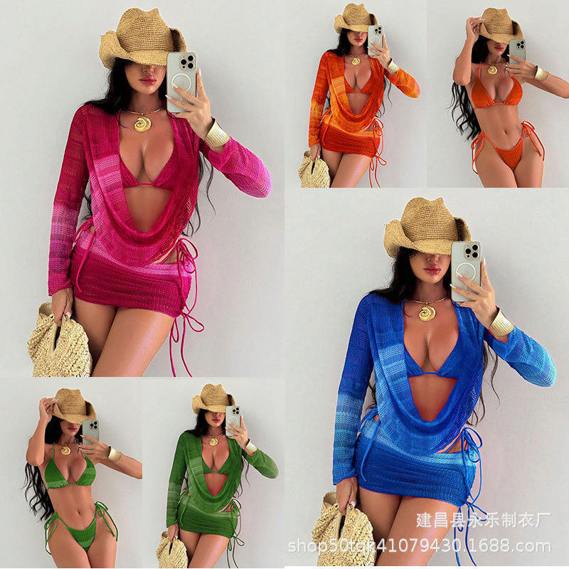 Cross-Border Swimsuit for Women 2025 New European and American Color-Blocked Mesh Long-Sleeved Beach Skirt European and American Sexy Bikini Swimsuit