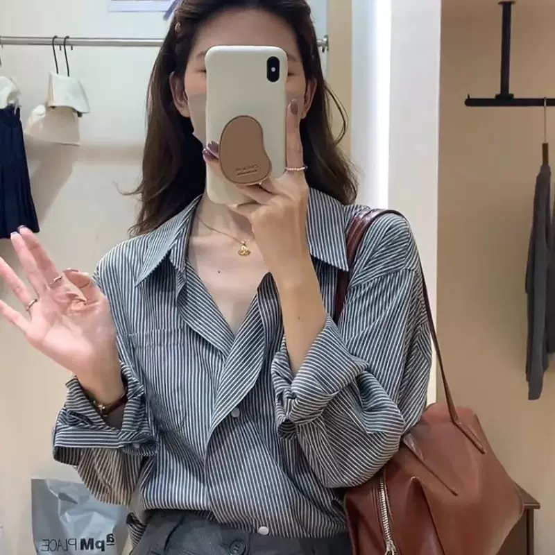 2025春新款蓝色条纹衬衫女小众法式上衣小个子洋气时尚高端衬衣女