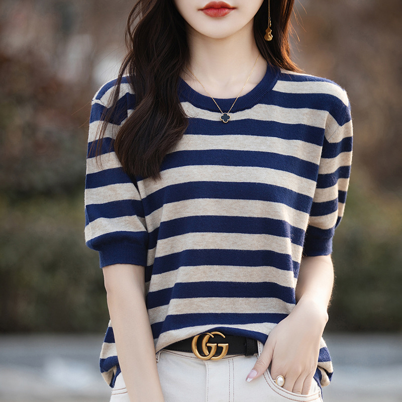Knitted summer thin sweater with a round collar