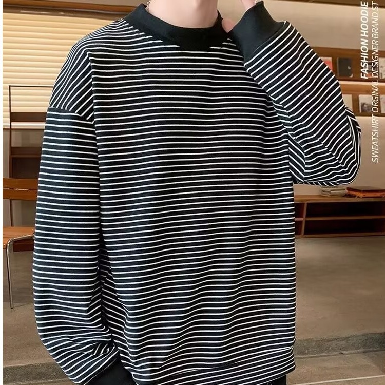 Boys Striped Long Sleeve Base Layer Shirt With Half High Collar_voghion.com