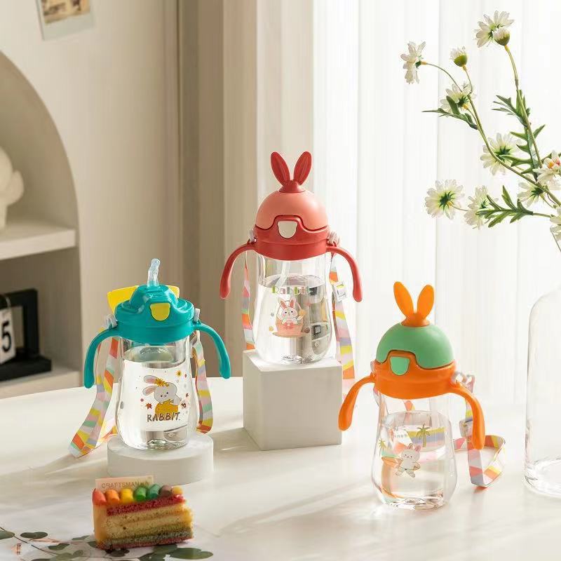 2023 Rabbit Ear Children's Sippy Cup Cute Contrast Color Cartoon Bunny Strap Water Bottle Kindergarten Plastic Handle Water Cup