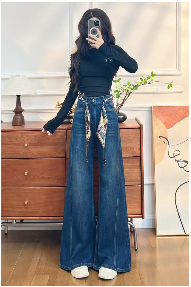 Quần jean nữ ống loe cạp cao co giãn, denim lót lông cừu mùa đông — Màu xanh vàng đen kéo dài, Quần xanh đen vàng, Retro màu xanh chín điểm, Vàng đen xanh chín điểm chi tiết 17