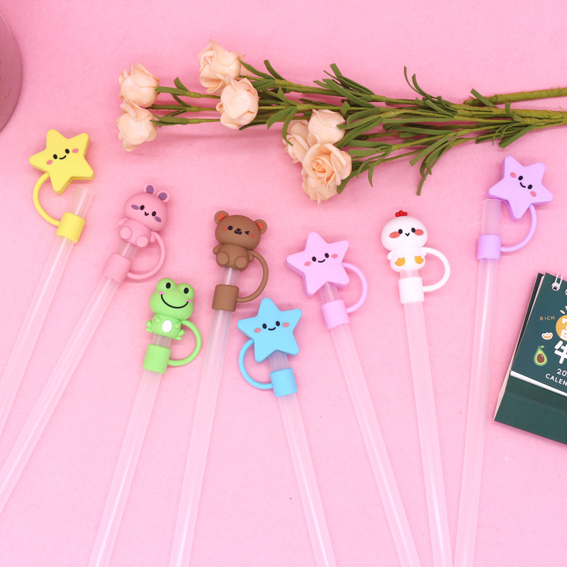 Nueva tapa de paja de gran diámetro 10mm de pegamento flexible tapa de paja Linda diversión muñeca dibujos animados paja cubierta protectora al por mayor