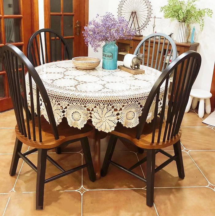 Amazon Handmade Crochet Flower American Chinese Tablecloth Nostalgic Pure Cotton Woven Tablecloth Round White Beige
