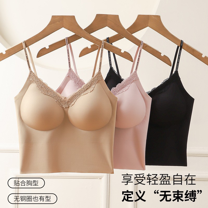 Base líquida de cuello en V, chaleco de cordón sin trazas con cojín de pecho para mujeres, ropa interior corta apretada.