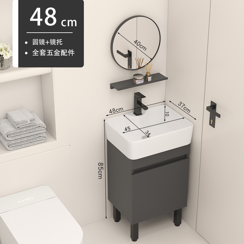 4837 Gabinete de piso gris + agua + grifo + espejo circular