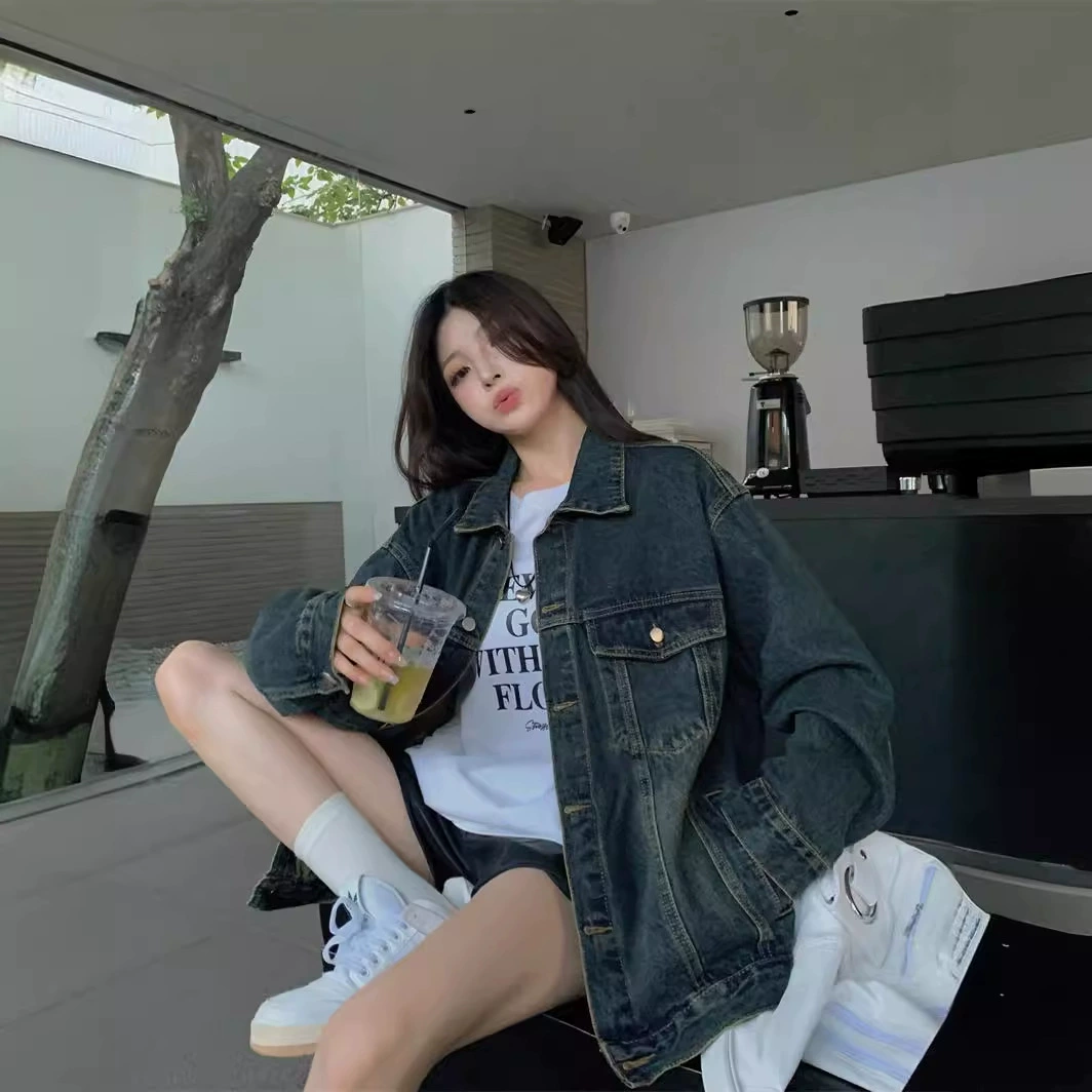 Autumn jacket, trend denim long-sleeve, American style, oversize