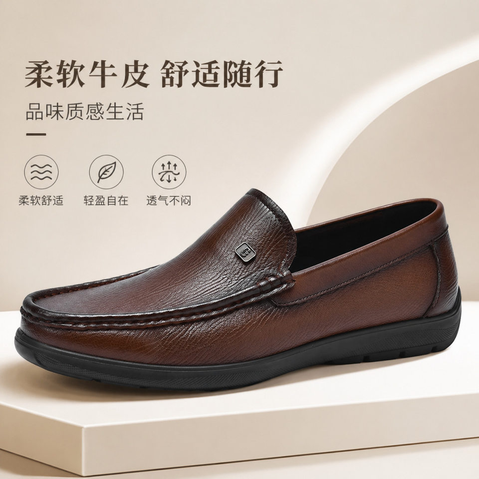 Giày lười nam da thật mũi tròn, giày da nam kiểu lười xỏ chân đế mềm, gót thấp 1–3 cm — Thương mại Brown, Thời trang đen