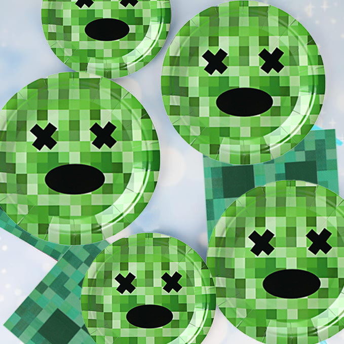 Green Pixel Minecraft Creeper Disposable Dinner Plate Birthday Party Event Paper Cup Tissue Paper Plate Tableware