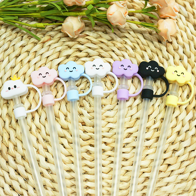 Silicona transfronteriza 8-10mm nube blanca corona tapa de pajita cara sonriente muñeca de dibujos animados tapón de polvo cubierta protectora de pajita al por mayor
