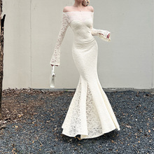 伊莉雅一字肩蕾丝连衣裙女 法式长袖修身高级气质连衣裙女CF24454