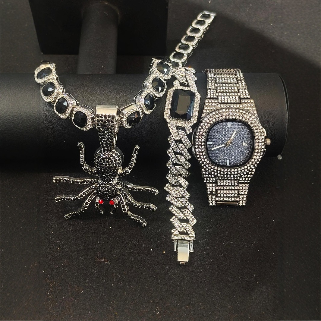 Europa y América hip hop diamantes reloj romano azúcar cubano color collar pulsera colgante araña conjunto de caja de regalo de alto nivel