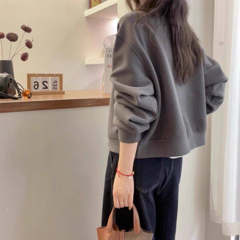 Áo khoác nỉ nữ dáng rộng cổ ve áo, tay dài, khóa kéo, phong cách thanh lịch — Màu xám nhạt (cao cấp), Màu xám đậm (cao cấp)