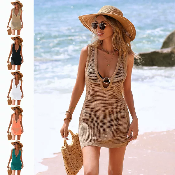 2026 New Cross-Border Beach Dress with Wave Pattern and Hollow Design, Deep V-Neck Amazon Best-Selling Beach Bikini Cover-Up