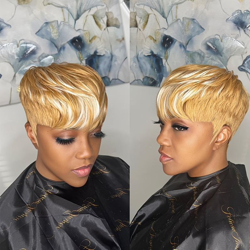 Wig Without Lace, Pixie Wig, Human Hair Wig, Women's Glueless Wig, Natural Short Wig, High-Temperature Synthetic Wig with Bangs