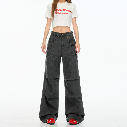 2025 135 Items Carbon Grey American Retro Design Pouch Work Pants for Men and Women Loose High Street Straight Leg Casual