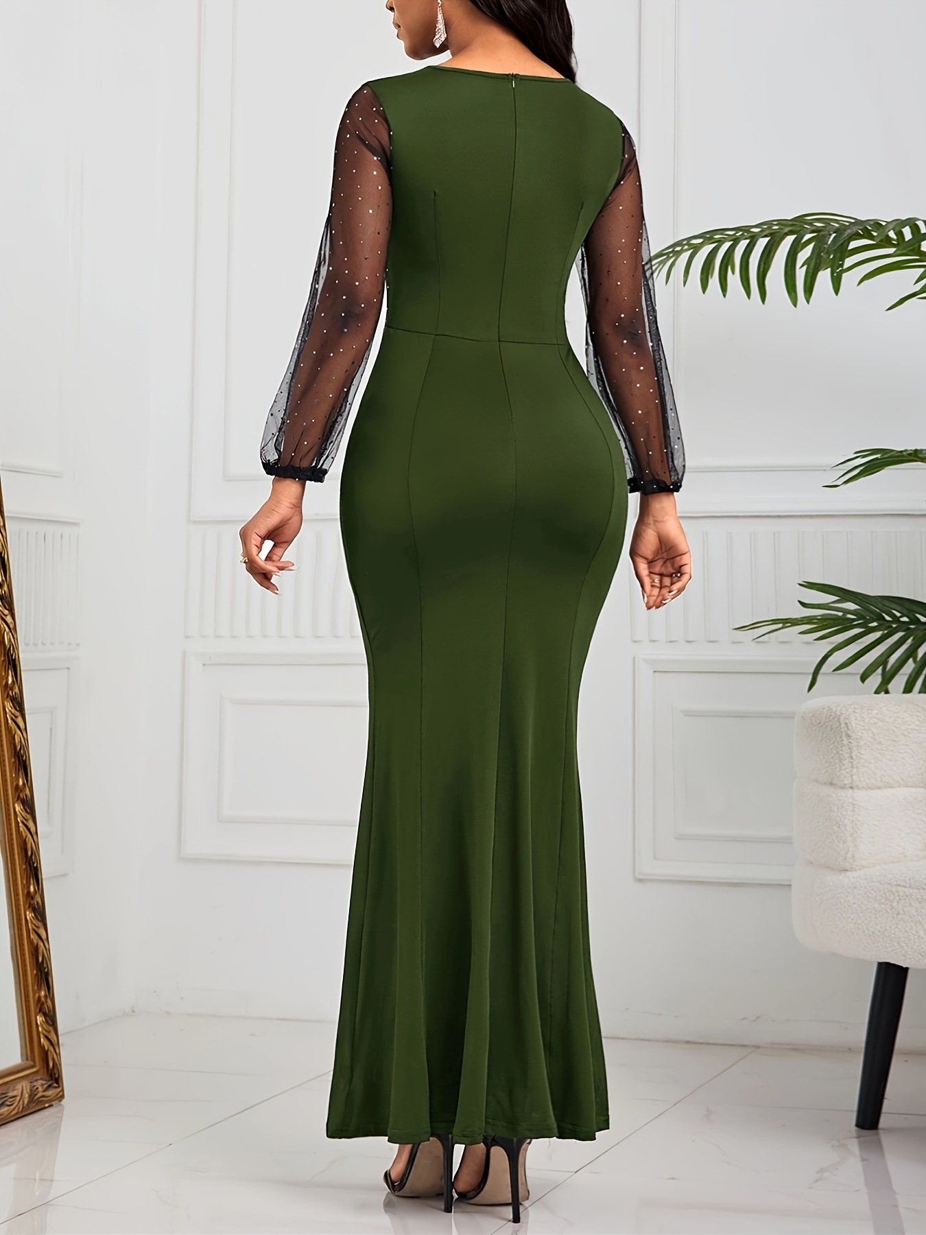 Women's Clothing elegant dress solid color mesh sequin stitching high waist long slim evening dress_voghion.com