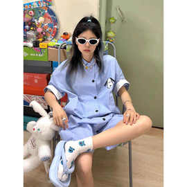 少女可爱小狗印花短袖连体睡衣女大码条纹家居宽松休闲睡裙可外穿
