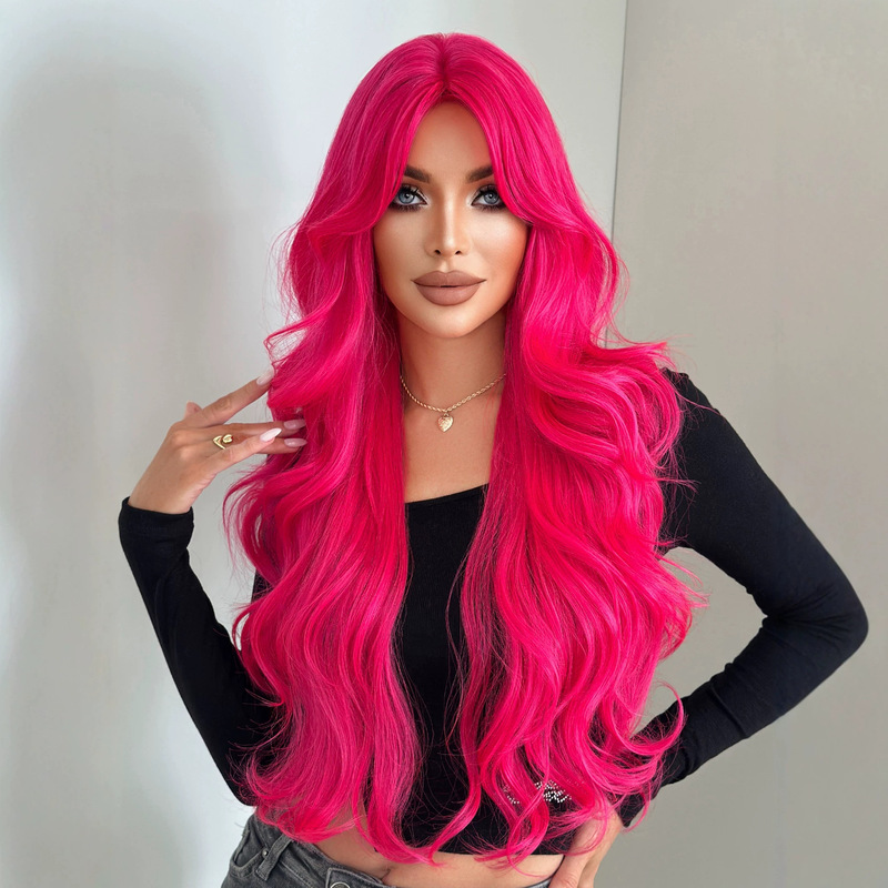 European and American style pink wig, long wavy hair with bangs, heat-resistant fiber, Halloween colorful wig, 29 inches European and American style pink wig, long wavy hair with bangs, heat-resistant fiber, Halloween colorful wig, 29 inches