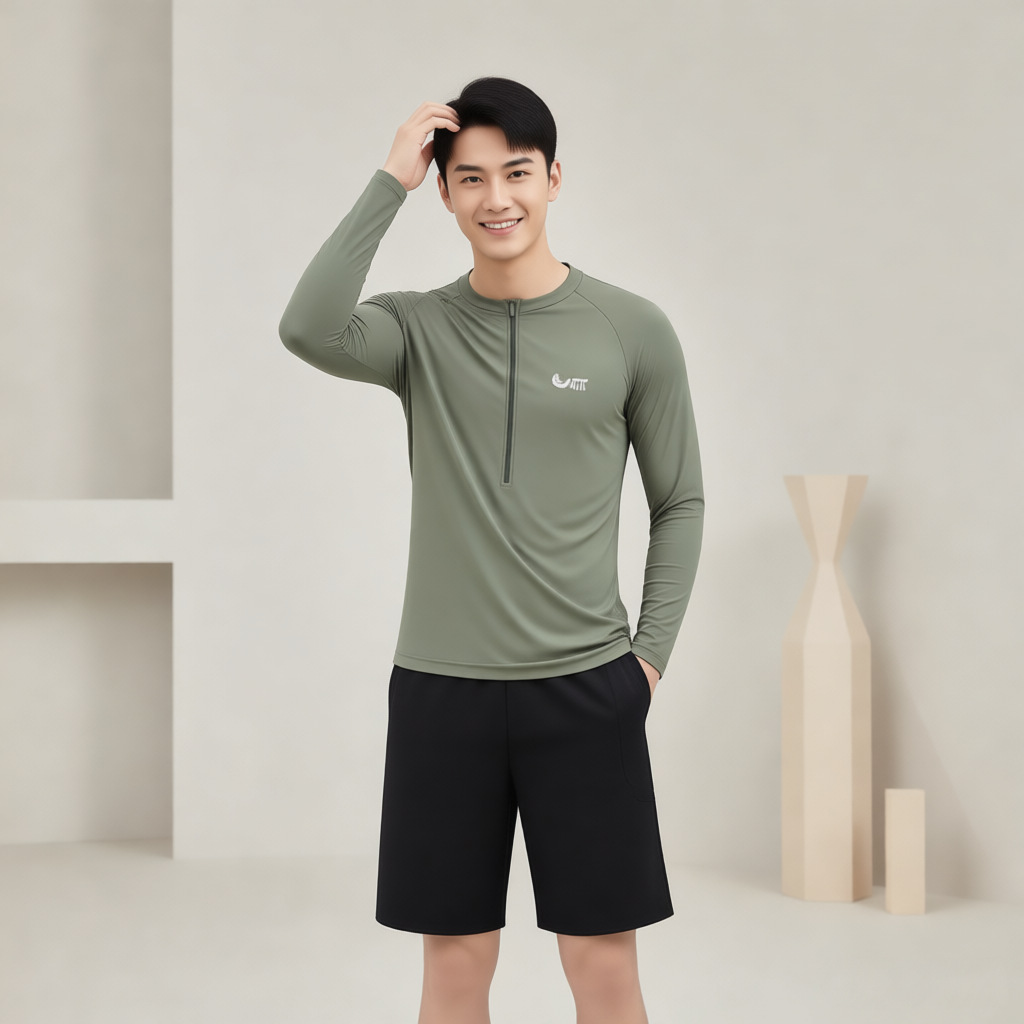 Green Long-Sleeved Split Swimsuit Men's Suit 2026 New Slimming Conservative Sports Casual Beach Pants