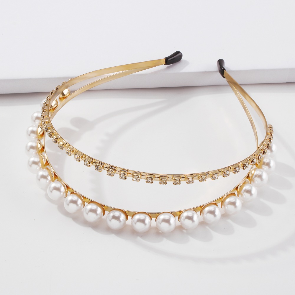 Cross-border Double Layer Lady's Headband Imitation Pearl Temperament Full Drill Headband Net Celebrity Irregular Small Fragrance Hair Accessories display picture 5