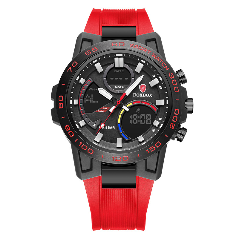 FOXBOX hombre nuevo cronógrafo multifuncional impermeable reloj despertador de doble pantalla reloj electrónico reloj deportivo para estudiantes