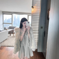 夫人同款汽泡薄荷绿狐狸毛车条翻领连帽皮草外套女2025新款