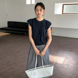 TG 小众设计荷叶飞袖圆领套头系扣针织衫女2025秋季新款毛衣25732