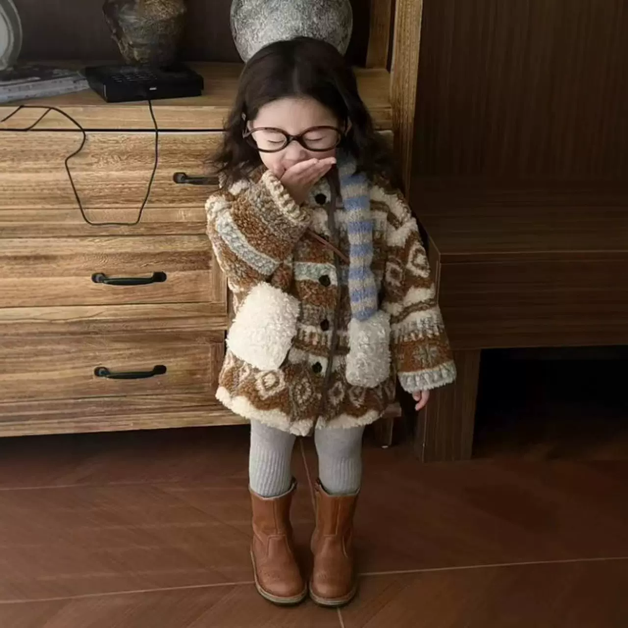 女童加绒毛毛外套2025秋冬儿童加绒加厚大衣拼色羊羔绒连帽童外套