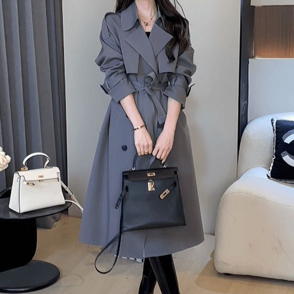 High-end trench coat loose all-match mid-length stylish elegant slim double-breasted short autumn coat