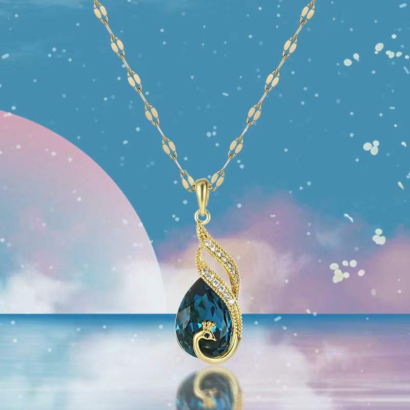 High End Blue Peacock Crystal Fashion Internet Celebrity Short Collar Chain Versatile Western Style Necklace For Women's Water Drops_voghion.com