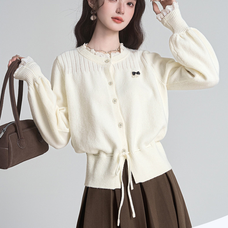 Apricot-colored round-neck long-sleeve knitted cardigan for women, 2026 autumn and winter new versatile tie-up base shirt sweater jacket trendy Apricot-colored round-neck long-sleeve knitted cardigan for women, 2026 autumn and winter new versatile tie-up base shirt sweater jacket trendy