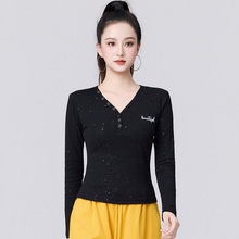 秋季新款百搭暗扣细闪修身显瘦爵士长袖V领上衣时尚气质内搭女