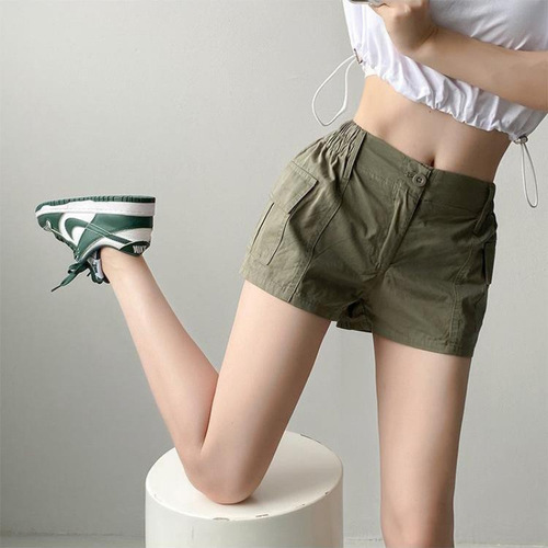 Vintage American Washed Work Shorts Military Green Elastic Waist Stretch Pockets Versatile Sports Dancing Five-Finger Hot Pants