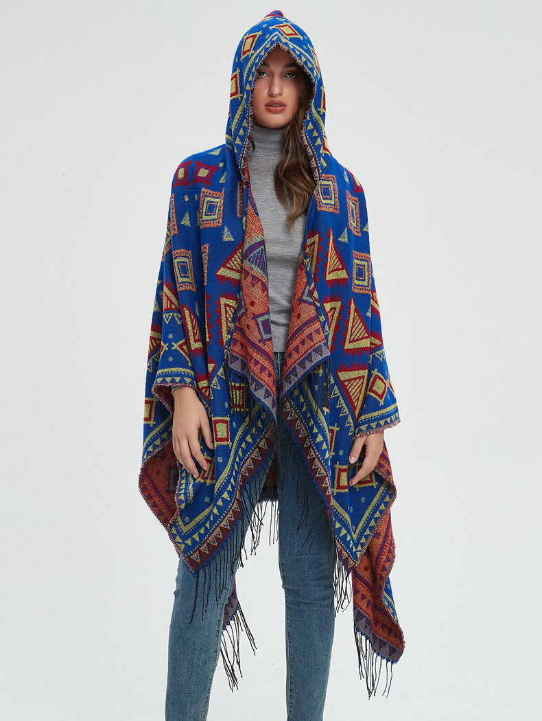 Unisex Hooded cape Winter travel jacquard fringed shawl for women_viptrois.com