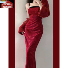 大码新中式拼接高级感红色吊带连衣裙女秋季复古修身显瘦包臀长裙